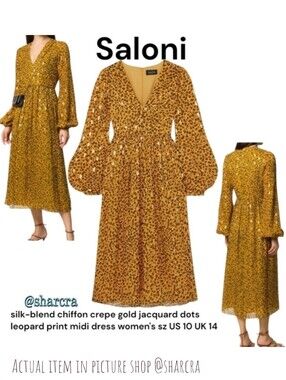 SALONI Gold Leopard-Print Long-Sleeve Midi Dress